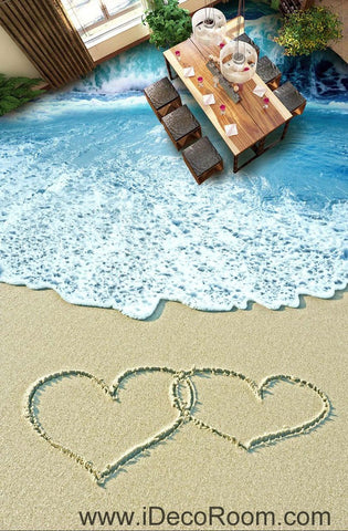 Image of Two Hearts On Beach Ocean 00061 Floor Decals 3D Wallpaper Wall Mural Stickers Print Art Bathroom Decor Living Room Kitchen Waterproof Business Home Office Gift