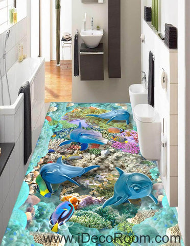 Image of 4 Dophins Color Fish Coral Seaweed Blue Ocean 00062 Floor Decals 3D Wallpaper Wall Mural Stickers Print Art Bathroom Decor Living Room Kitchen Waterproof Business Home Office Gift