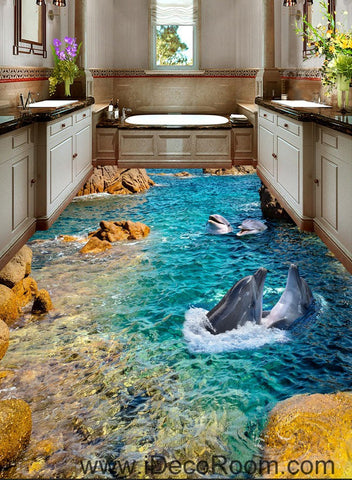 Image of Dophin Bay Rocks 00069 Floor Decals 3D Wallpaper Wall Mural Stickers Print Art Bathroom Decor Living Room Kitchen Waterproof Business Home Office Gift