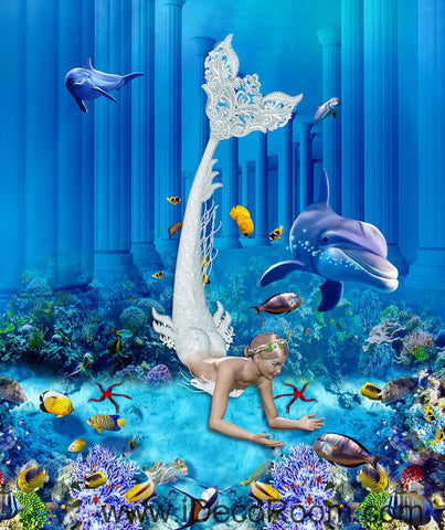 Image of Mermaid Dophin Coral Fish Seabed 00073 Floor Decals 3D Wallpaper Wall Mural Stickers Print Art Bathroom Decor Living Room Kitchen Waterproof Business Home Office Gift