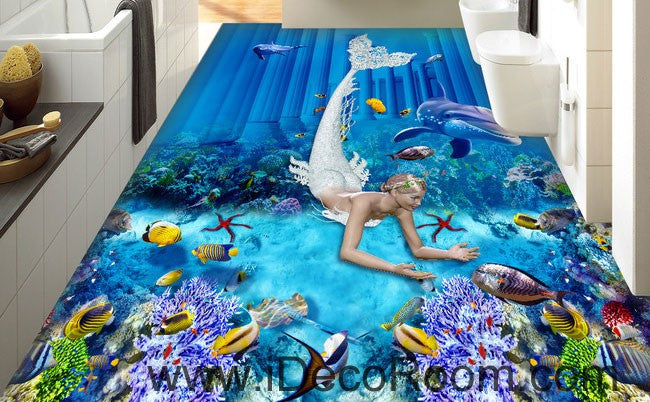Mermaid Dophin Coral Fish Seabed 00073 Floor Decals 3D Wallpaper Wall Mural Stickers Print Art Bathroom Decor Living Room Kitchen Waterproof Business Home Office Gift