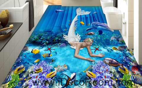 Image of Mermaid Dophin Coral Fish Seabed 00073 Floor Decals 3D Wallpaper Wall Mural Stickers Print Art Bathroom Decor Living Room Kitchen Waterproof Business Home Office Gift