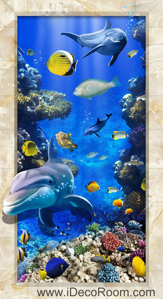 Papier Peint Photo 3D – Plage Avec Dauphins, Modèle Zoe, Effet Sol, Pour Un Univers Marin