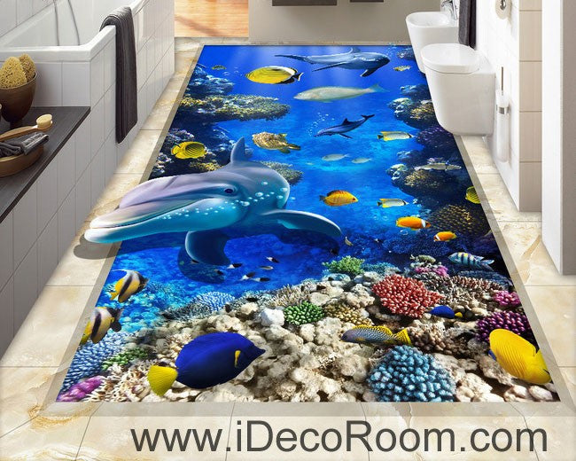 Dophin Chasing Coral Fish Ocean 00074 Floor Decals 3D Wallpaper Wall Mural Stickers Print Art Bathroom Decor Living Room Kitchen Waterproof Business Home Office Gift