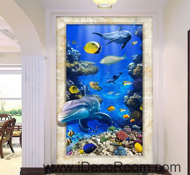 Dophin Chasing Coral Fish Ocean 00074 Floor Decals 3D Wallpaper Wall Mural Stickers Print Art Bathroom Decor Living Room Kitchen Waterproof Business Home Office Gift