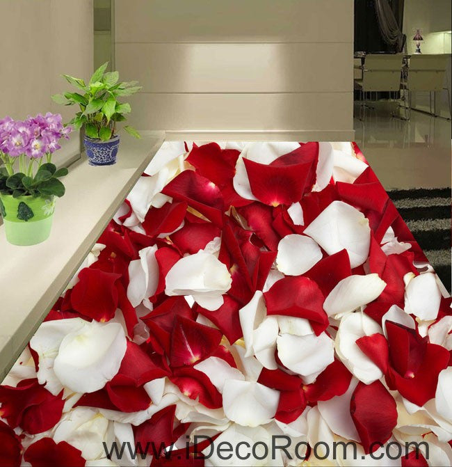 Red & White Rose Petal 00085 Floor Decals 3D Wallpaper Wall Mural Stickers Print Art Bathroom Decor Living Room Kitchen Waterproof Business Home Office Gift