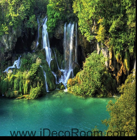 Image of Waterfall Cliff Green Mountain 00096 Floor Decals 3D Wallpaper Wall Mural Stickers Print Art Bathroom Decor Living Room Kitchen Waterproof Business Home Office Gift