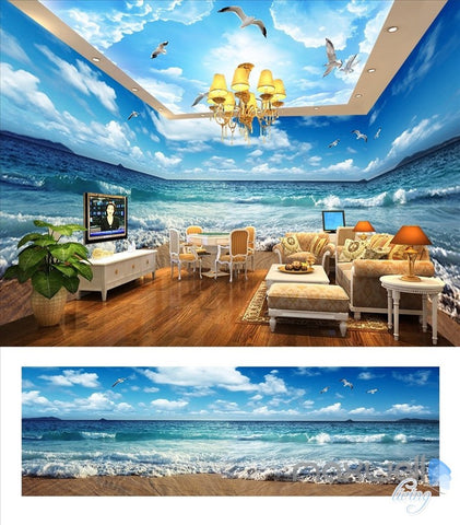 The waves beach birds blue sky 3D wall murals wallpaper IDCQW-000015