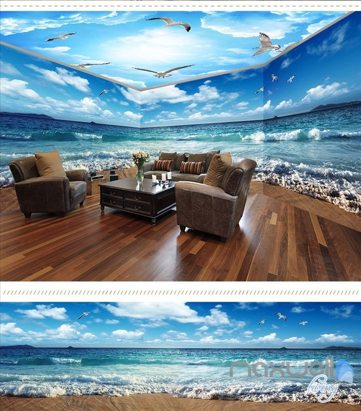 The waves beach birds blue sky 3D wall murals wallpaper IDCQW-000015