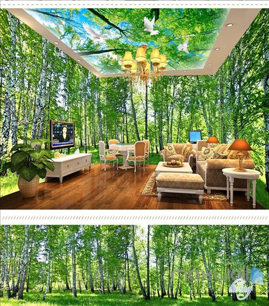 White birch forest theme space entire room wallpaper wall mural decal IDCQW-000019