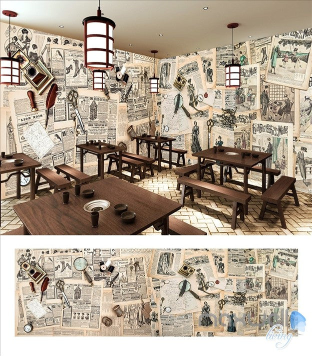 Retro English newspaper theme space entire room wallpaper wall mural d –  IDecoRoom