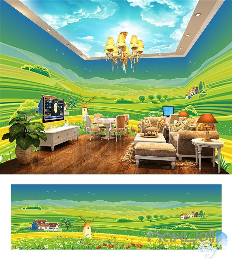 Country Green field theme space entire room wallpaper 3D wall mural decal IDCQW-000032