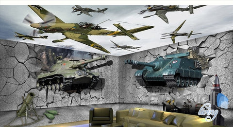 Image of 3D tank broken wall entire room wallpaper wall mural decal IDCQW-000055