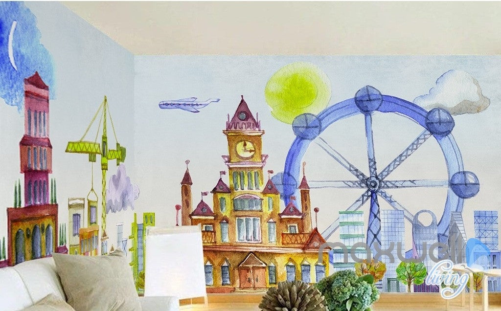Cartoon hand painted castle Ferris Wheel Amusement Park Kids Room entire room wallpaper wall mural decal IDCQW-000067