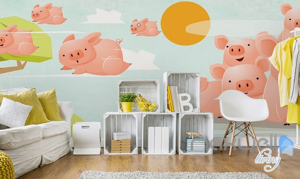 Sunny pig flying fresh nature abstract tree entire room wallpaper wall mural decal IDCQW-000070