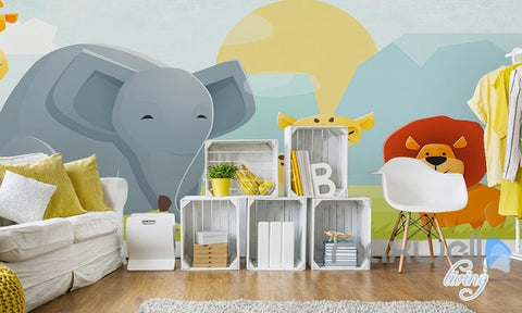 Image of Cartoon elephant lion nature flora entire kids room wallpaper wall mural decals Child Care IDCQW-000074