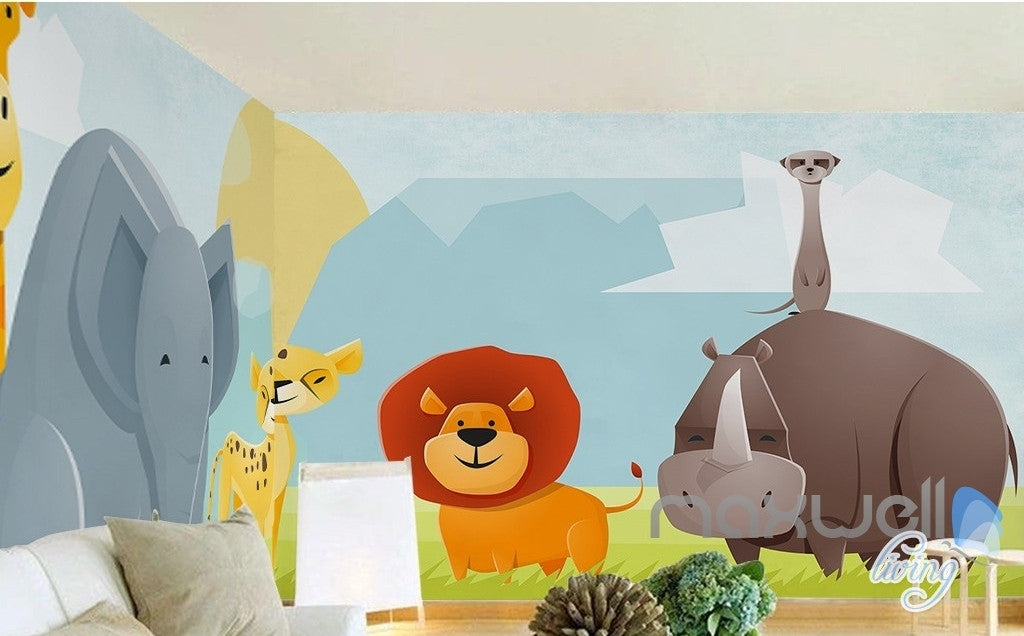 Cartoon elephant lion nature flora entire kids room wallpaper wall mural decals Child Care IDCQW-000074