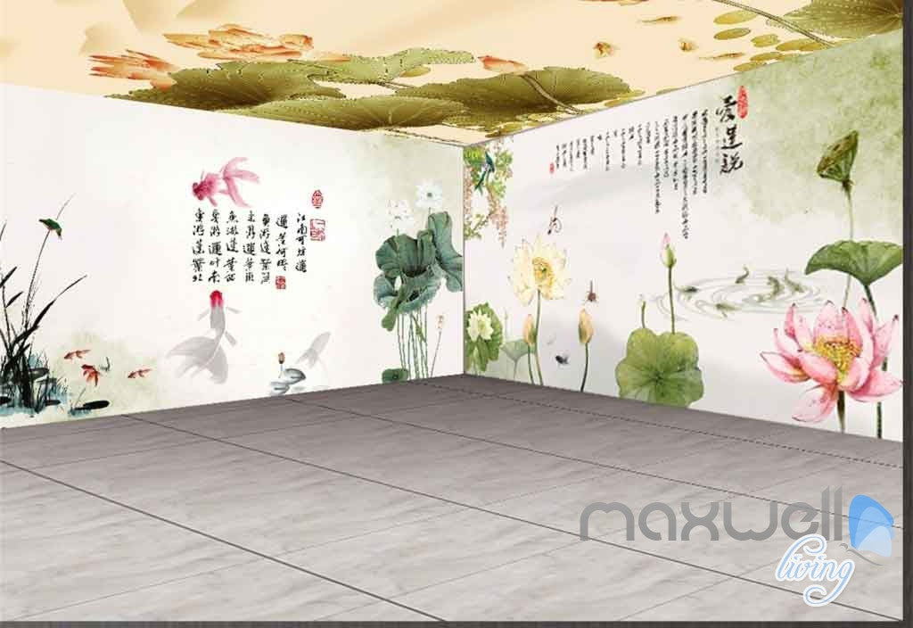 Classic Chinese Lotus Lilypad Goldfish Ceiling Entire Room Wallpaper Wall Murals  IDCQW-000078