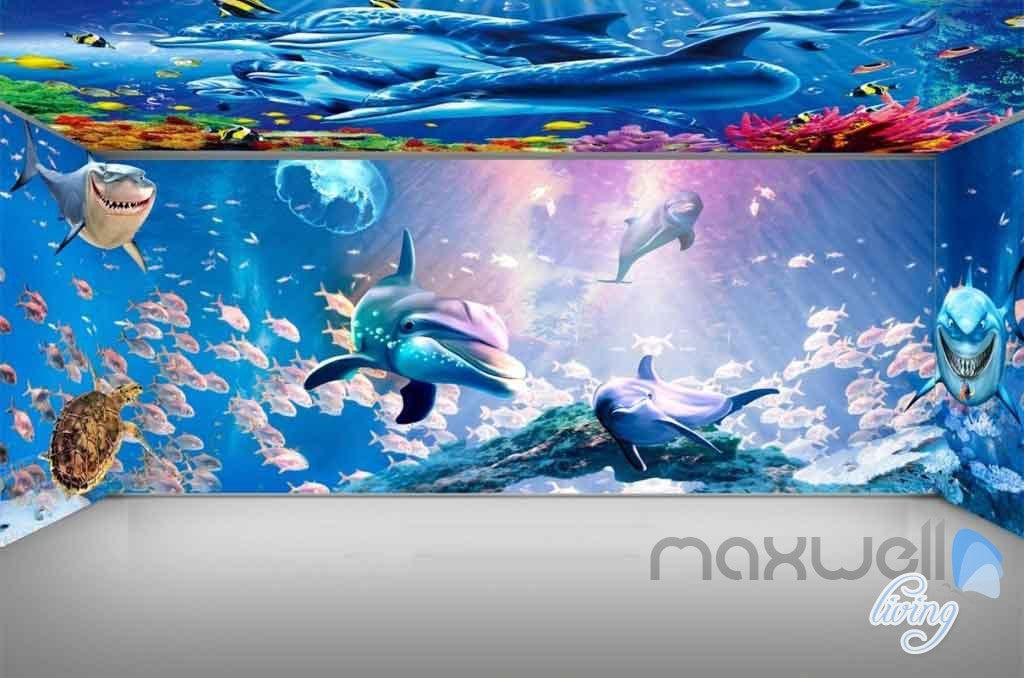 Sea life Dophins Shaks Fish Coral Entire Room 3D Wallpaper Wall Murals Art Print IDCQW-000082