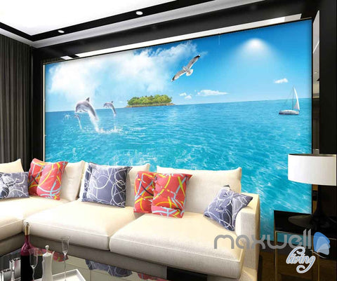 Image of 3D Dophins Jumping Sea Yacht Entire Room Wallpaper Wall Murals Art Prints IDCQW-000084