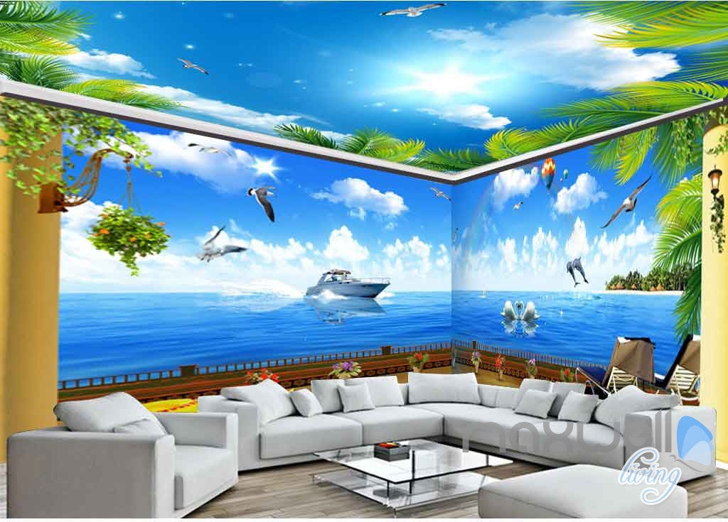 3D Palm Tree Sky Swan Entire Room Wallpaper Wall Murals Art Prints IDCQW-000086