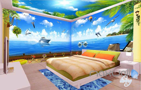 Image of 3D Palm Tree Sky Swan Entire Room Wallpaper Wall Murals Art Prints IDCQW-000086