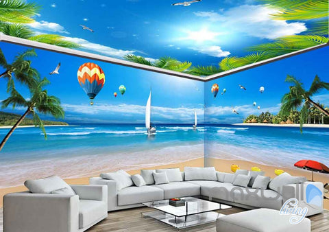 Image of 3D Palm Tree Resort Hot Air Balloon Entire Room Wallpaper Wall Murals Art Prints IDCQW-000087