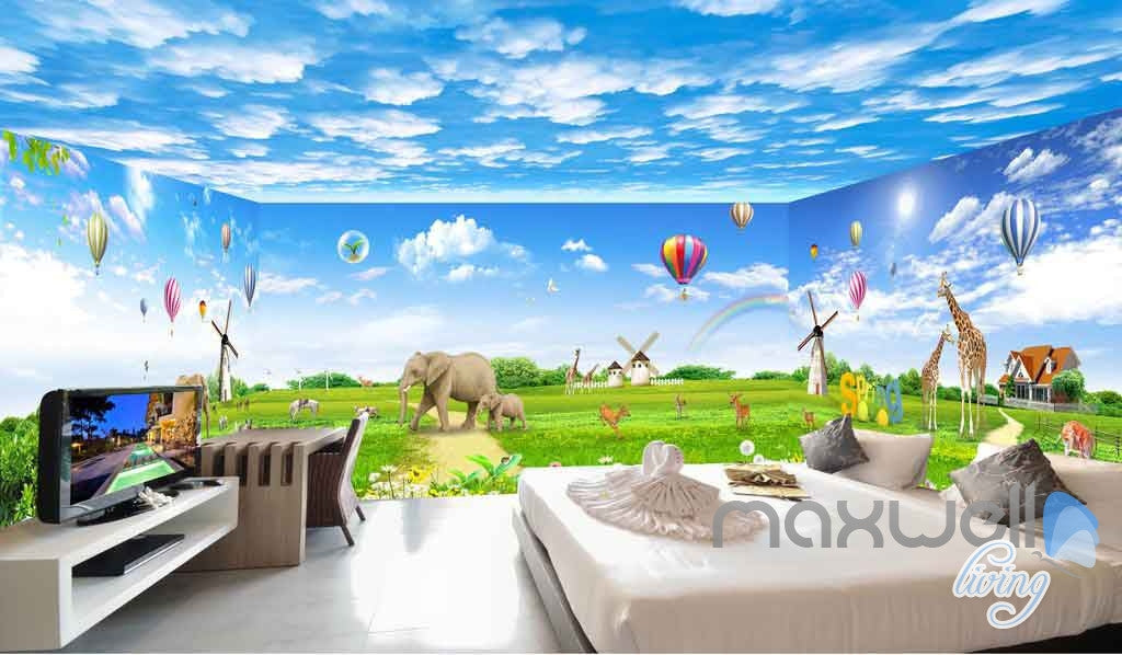 3D Animals Windwill Elephant Giraffe Clouds Entire Room Wallpaper Wall Murals Art Prints IDCQW-000088