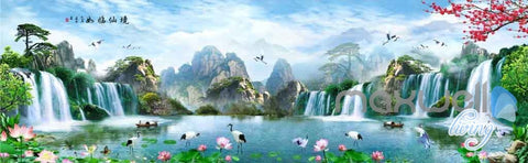 Image of Lotus Mountain Tree Waterfall Entire Room Wallpaper Wall Murals Art Prints IDCQW-000092