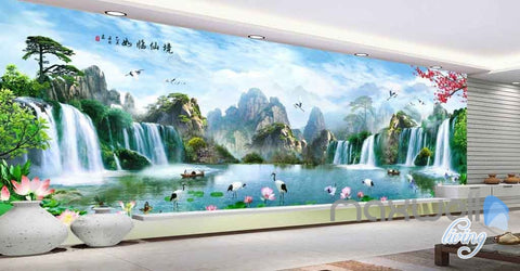 Lotus Mountain Tree Waterfall Entire Room Wallpaper Wall Murals Art Prints IDCQW-000092