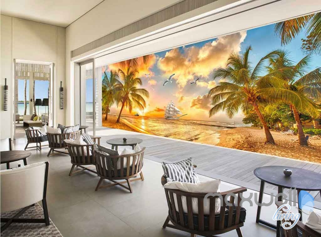 3D Palm Tree Island Sunset Entire Room Wallpaper Wall Mural Art Prints IDCQW-000093