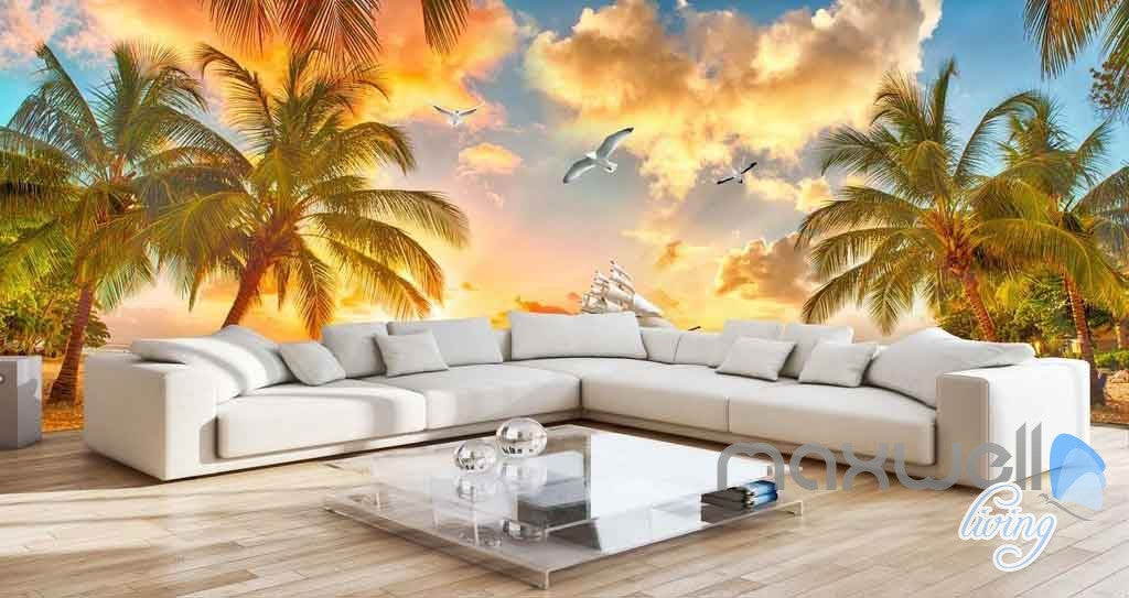 3D Palm Tree Island Sunset Entire Room Wallpaper Wall Mural Art Prints IDCQW-000093