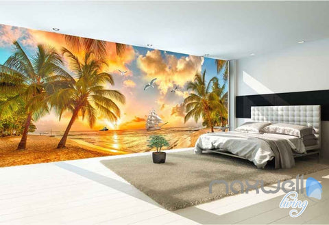 Image of 3D Palm Tree Island Sunset Entire Room Wallpaper Wall Mural Art Prints IDCQW-000093