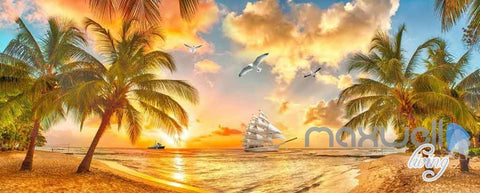 Image of 3D Palm Tree Island Sunset Entire Room Wallpaper Wall Mural Art Prints IDCQW-000093