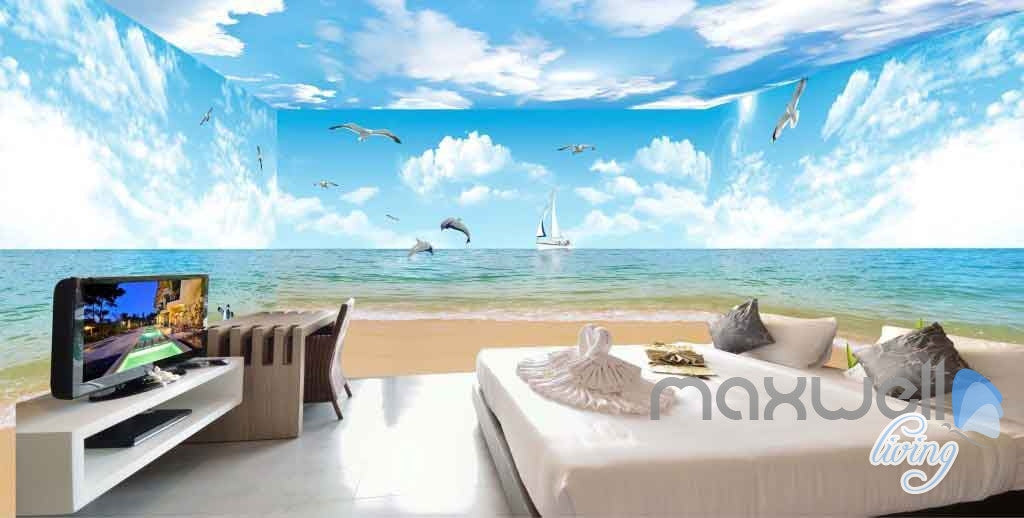 3D Beach Penguin Dophin Jump Entire Room Wallpaper Wall Mural Art Prints IDCQW-000095