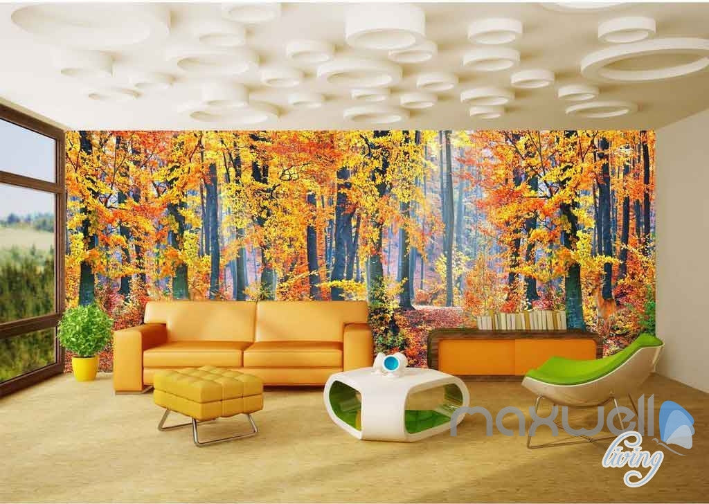 3D Orange Yellow Forest Autumn Entire Room Wallpaper Wall Murals Art Print IDCQW-000097