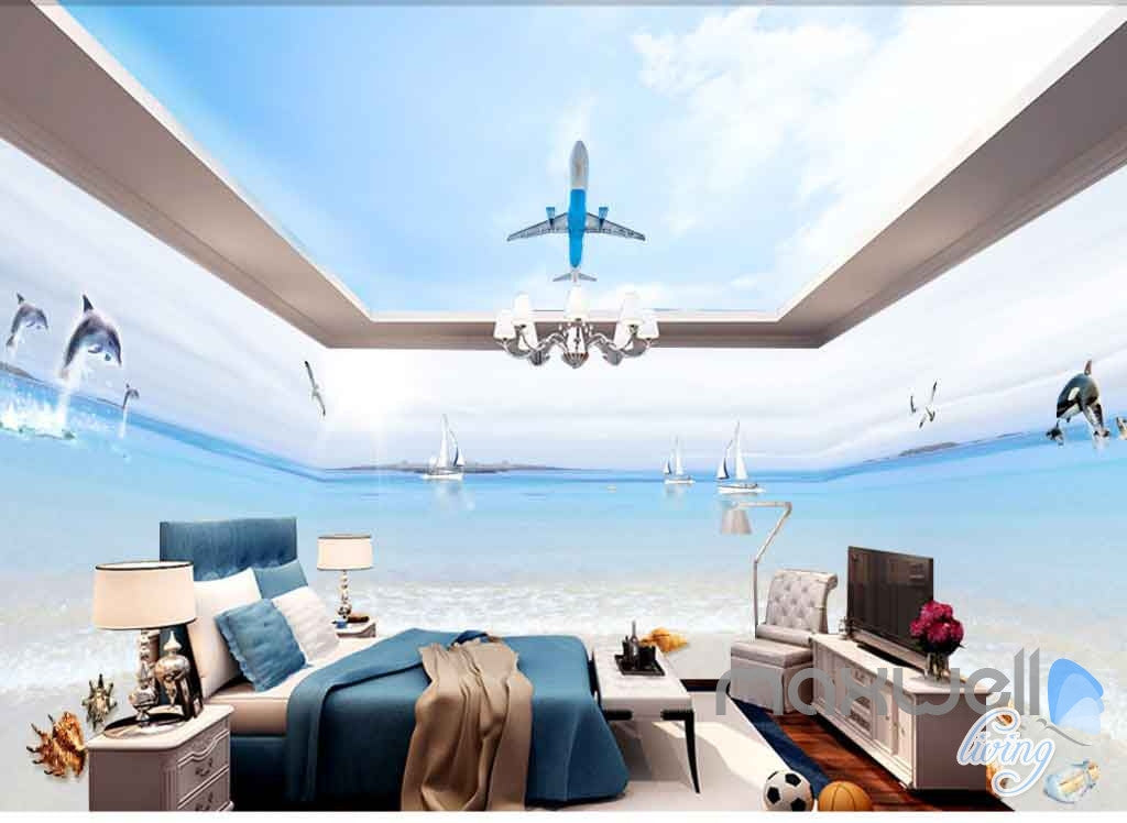 3D Beach Shell Plane Ceiling Entire Room Wallpaper Wall Murals Art Prints IDCQW-000099
