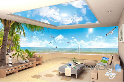 Image of 3D Palm Tree Island Seagull Entire Room Wallpaper Wall Murals Art Prints IDCQW-000101