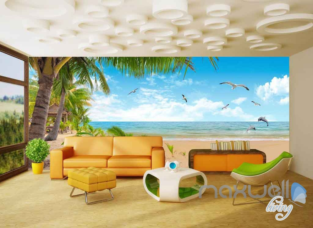 3D Palm Tree Island Seagull Entire Room Wallpaper Wall Murals Art Prints IDCQW-000101