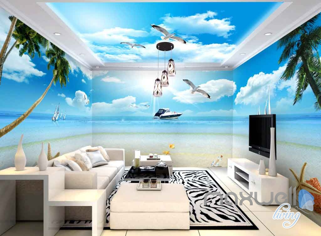3D Yacht Seagull Shell Beach Entire Room Wallpaper Wall Murals Prints IDCQW-000104