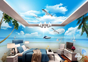 3D Yacht Seagull Shell Beach Entire Room Wallpaper Wall Murals Prints IDCQW-000104