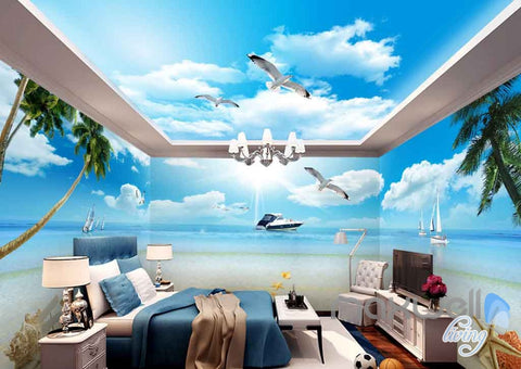 Image of 3D Yacht Seagull Shell Beach Entire Room Wallpaper Wall Murals Prints IDCQW-000104
