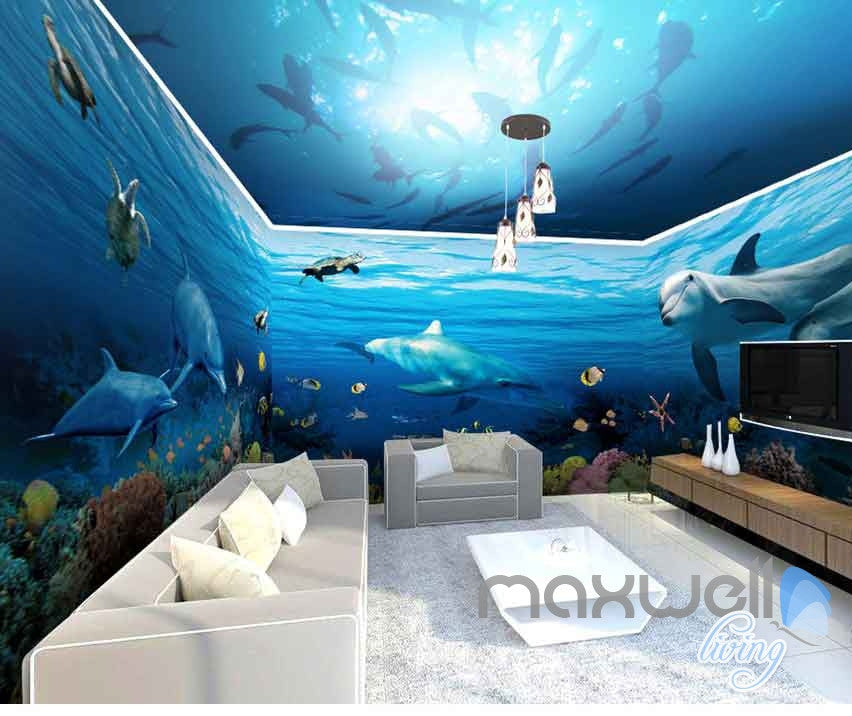 3D Shoal Fish Undersea Dophins Entire Room Wallpaper Wall Murals Art Prints IDCQW-000108