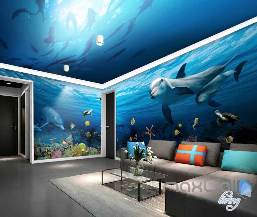 3D Shoal Fish Undersea Dophins Entire Room Wallpaper Wall Murals Art Prints IDCQW-000108