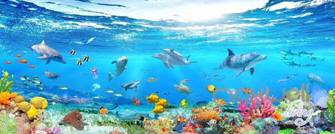 3D Aquarium Glass View Turtles Dophins Entire Room Wallpaper Wall Murals IDCQW-000111