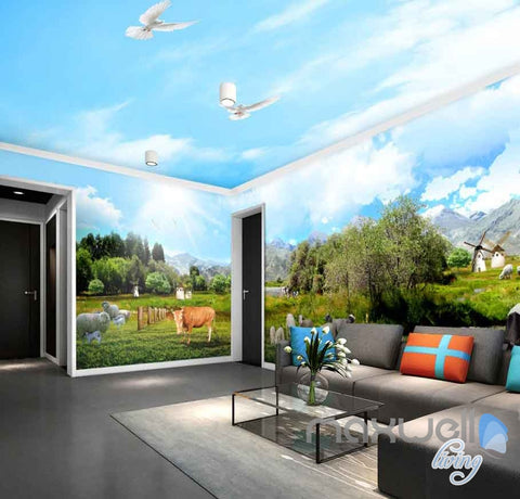 Image of 3D Farm View Sheep Cow Entire Room Wallpaper Wall Murals Business Decor IDCQW-000113
