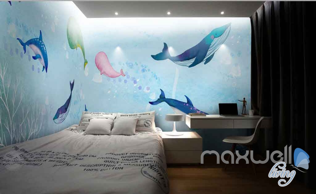 Watercolor Whale Dophin Blue Entire Room Wallpaper Wall Mural Art Prints IDCQW-000119