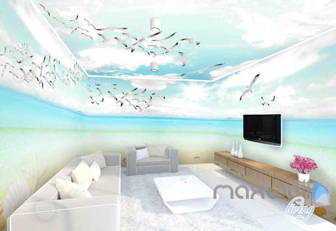 Image of 3D Seagulls Beach Heart Sunny Day Entire Room Wallpaper Wall Murals Prints IDCQW-000122