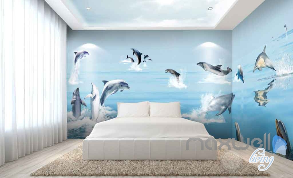 3D Dophins Chasing Play Entire Room Wallpaper Wall Murals Art Prints IDCQW-000126