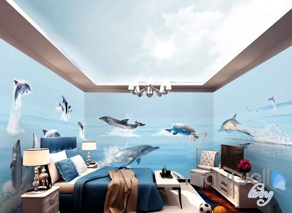 3D Dophins Chasing Play Entire Room Wallpaper Wall Murals Art Prints IDCQW-000126